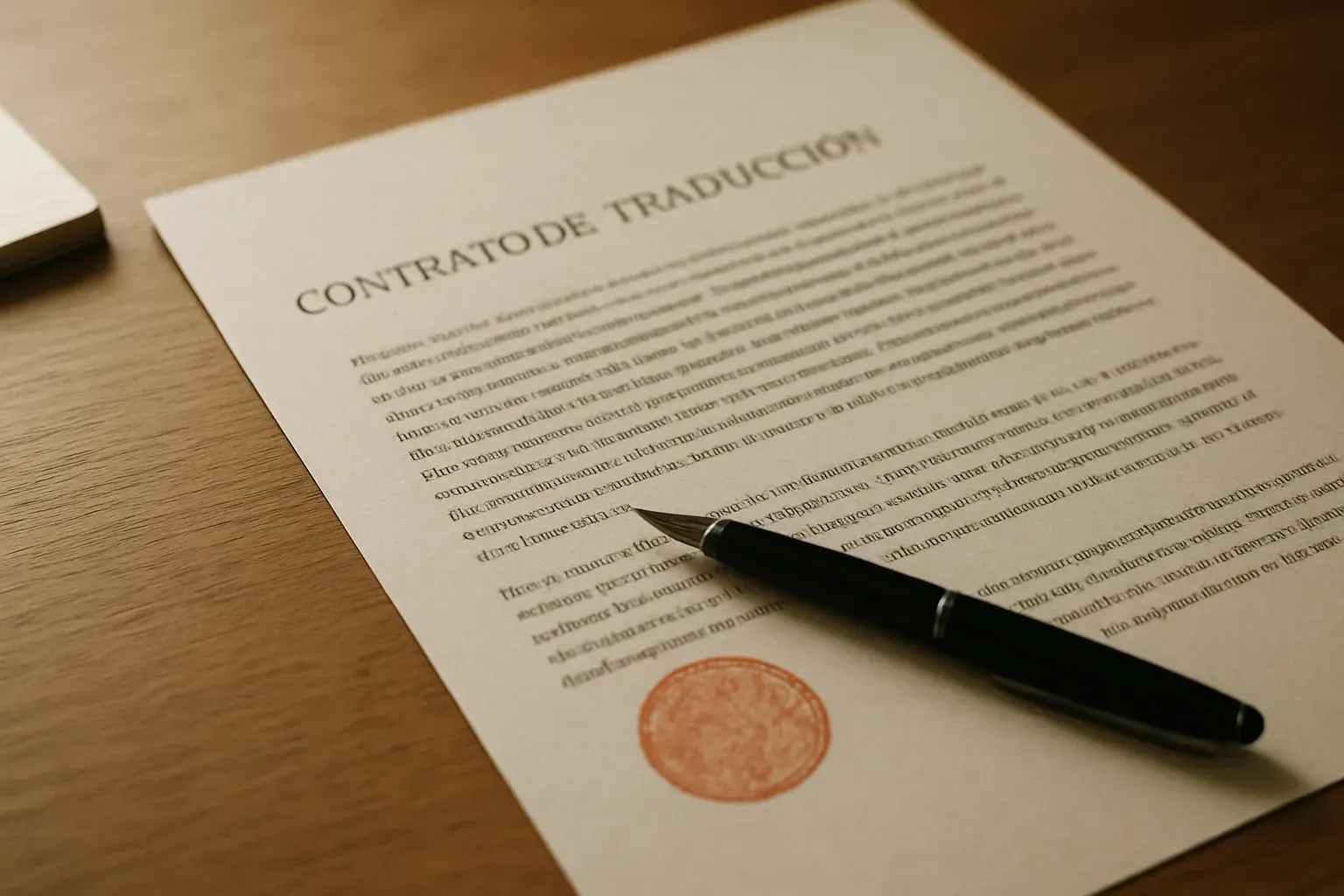 A translated document being prepared and stamped on a wooden desk, warm natural light, an oxide-red ink stamp impression beside a fountain pen.