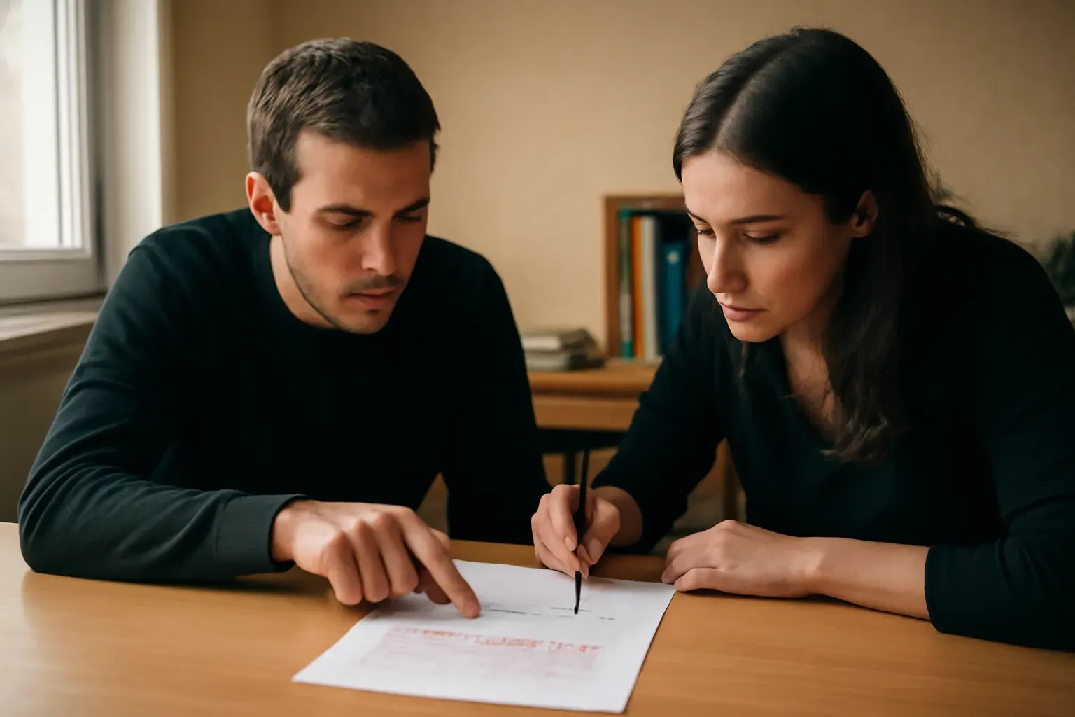 Two translators reviewing a document together, cross-checking handwritten revision notes in red ink at a shared desk.