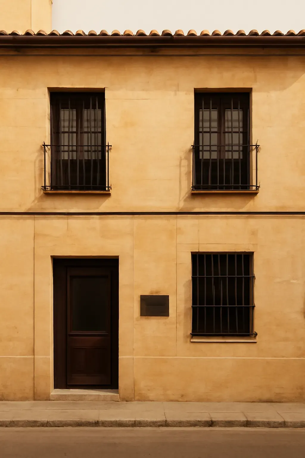 The office entrance on a historic street in Tordesillas, Castilla y León, with a stone facade and traditional wrought-iron windows.