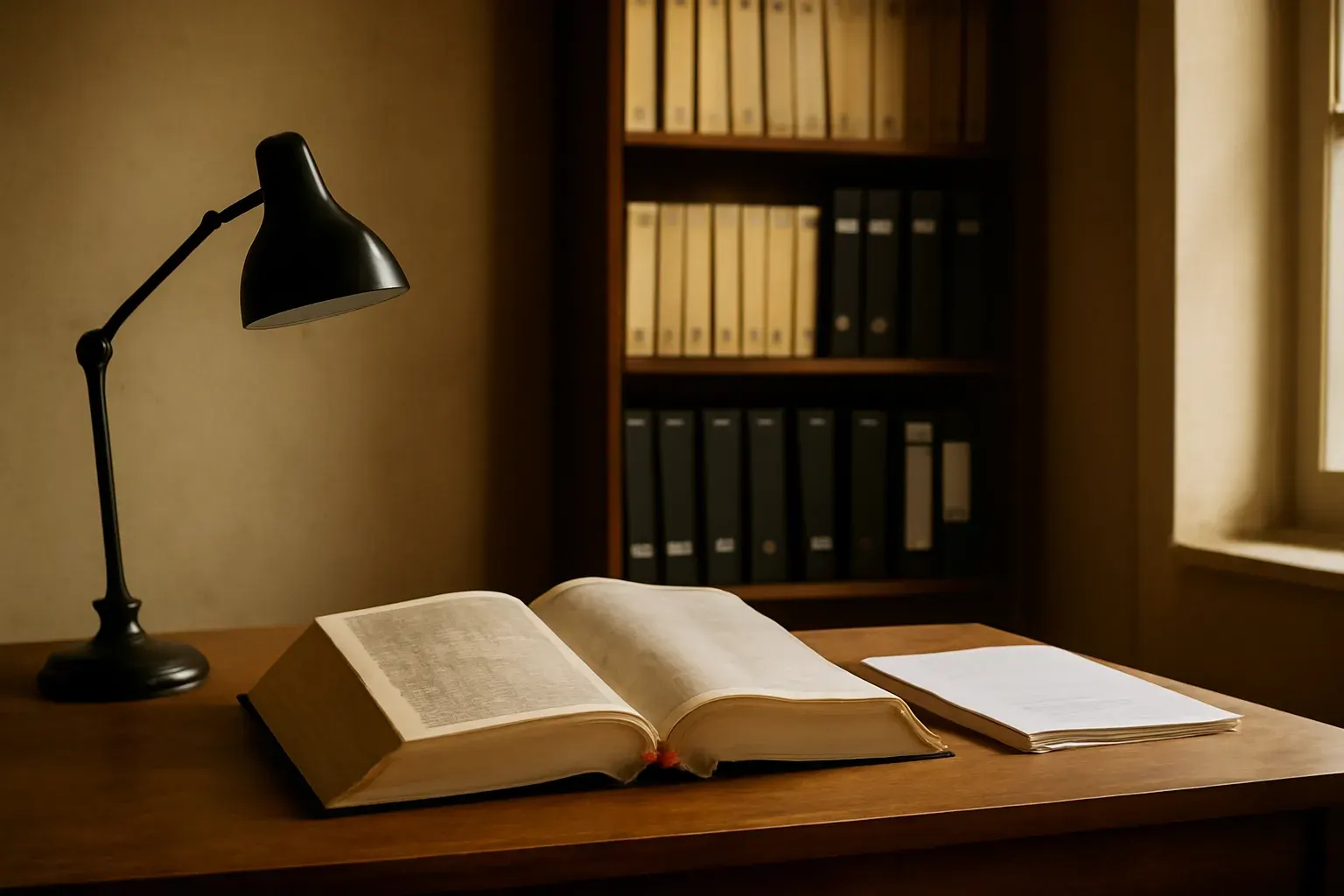 A working desk inside the Tordesillas office, with reference books and natural window light.