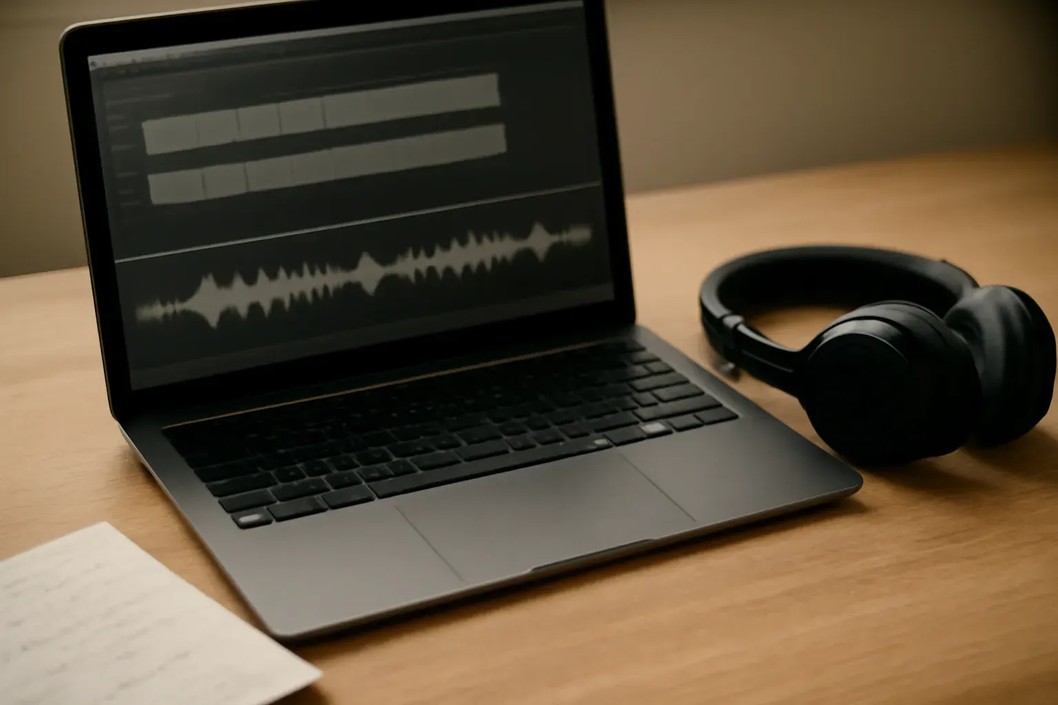 A desk set up for subtitle and transcript editing, with headphones, notes, and a simple timeline on screen.