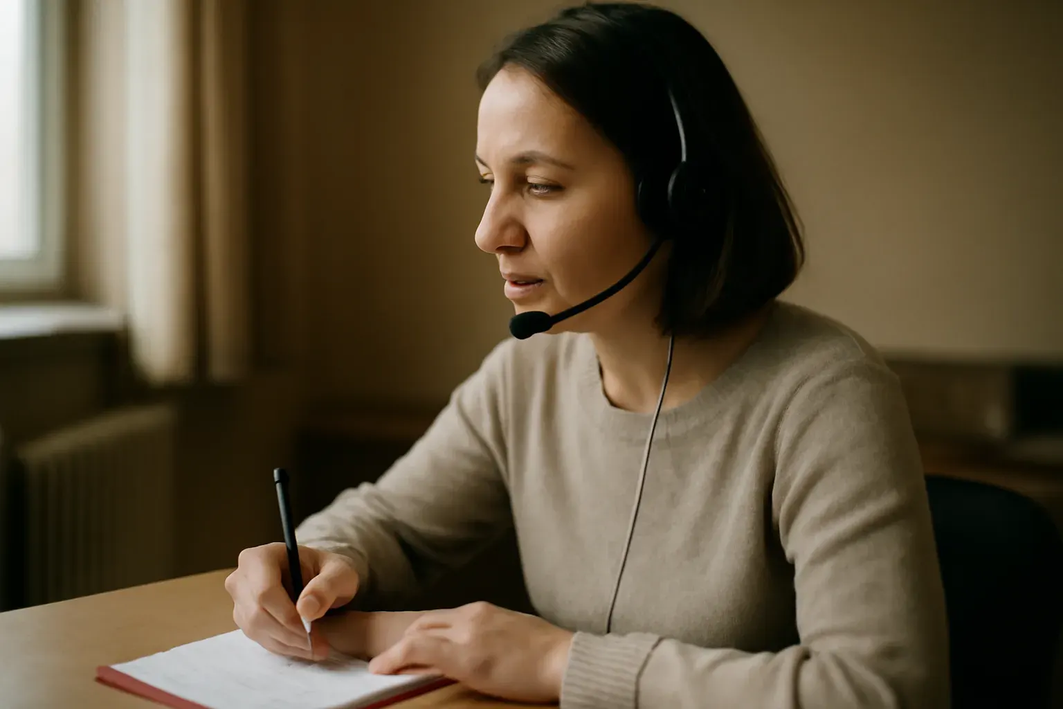 An interpreter wearing a headset, taking notes mid-session, focused and attentive.