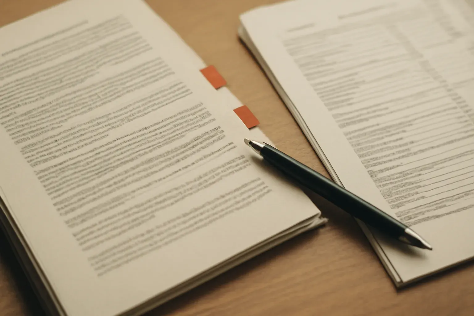 A contract and a financial statement with tabbed page markers laid out on a desk for review.