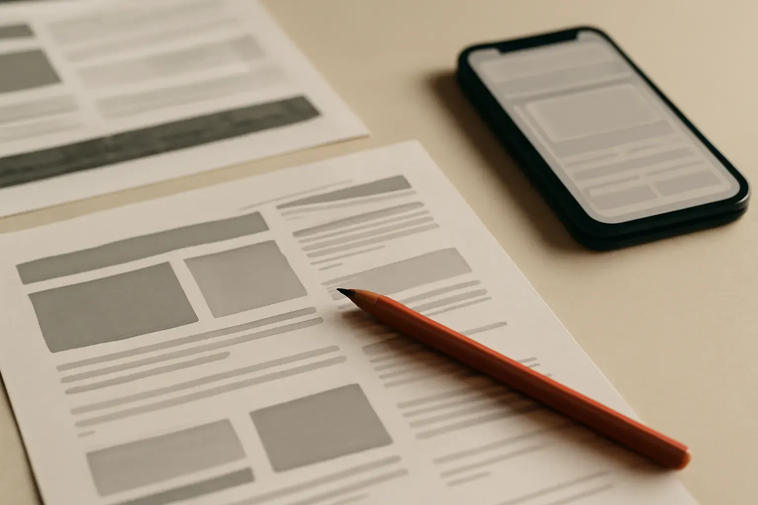 Printed marketing layout sheets beside a simple interface mockup on a desk, mid-review.