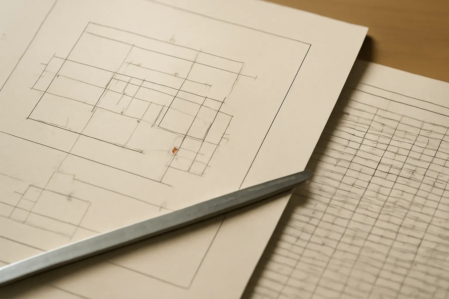 A technical diagram and a specification document with ruled annotations laid out on a desk.