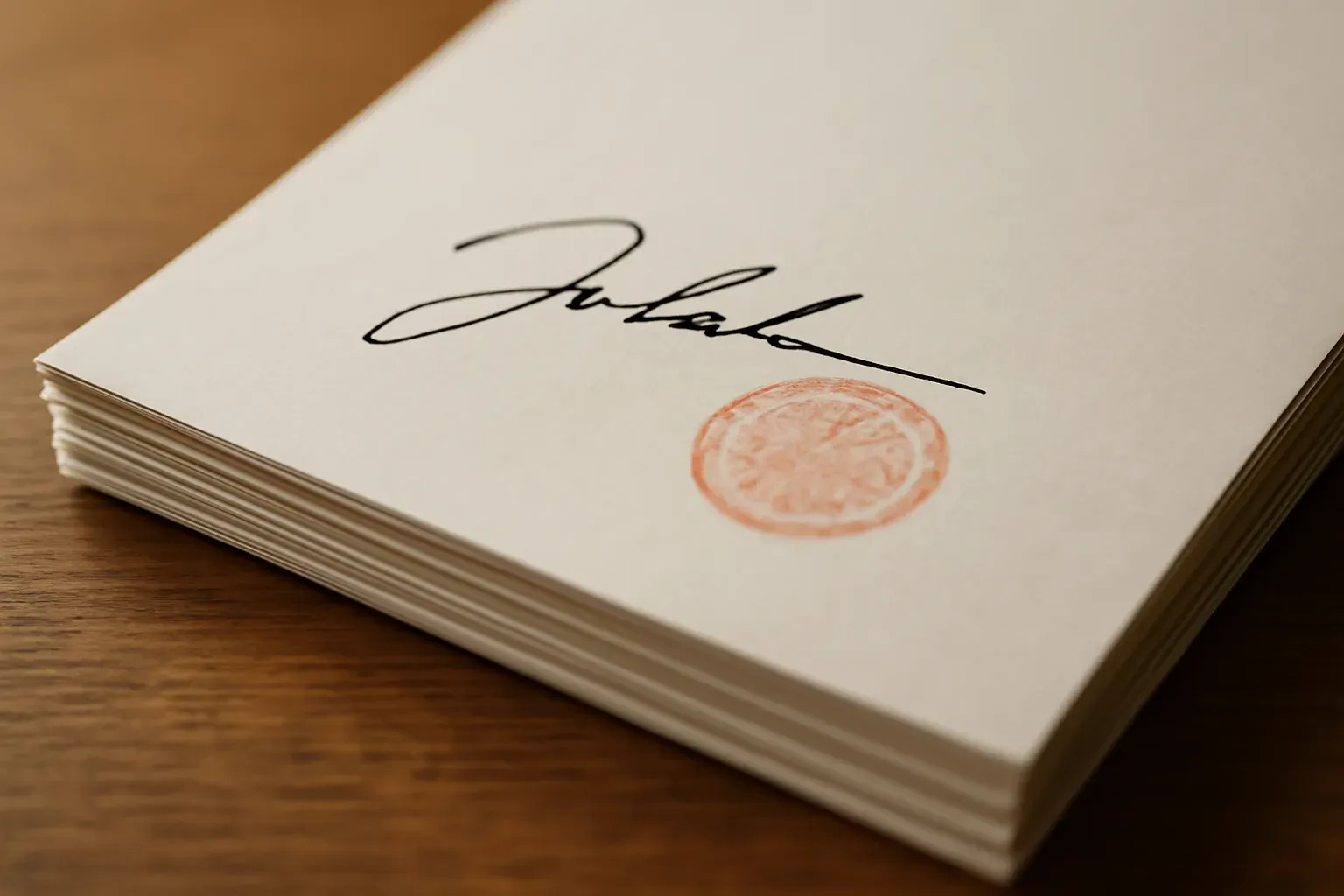 A bound certified translation with a signature and an abstract official-style ink stamp on the top page.