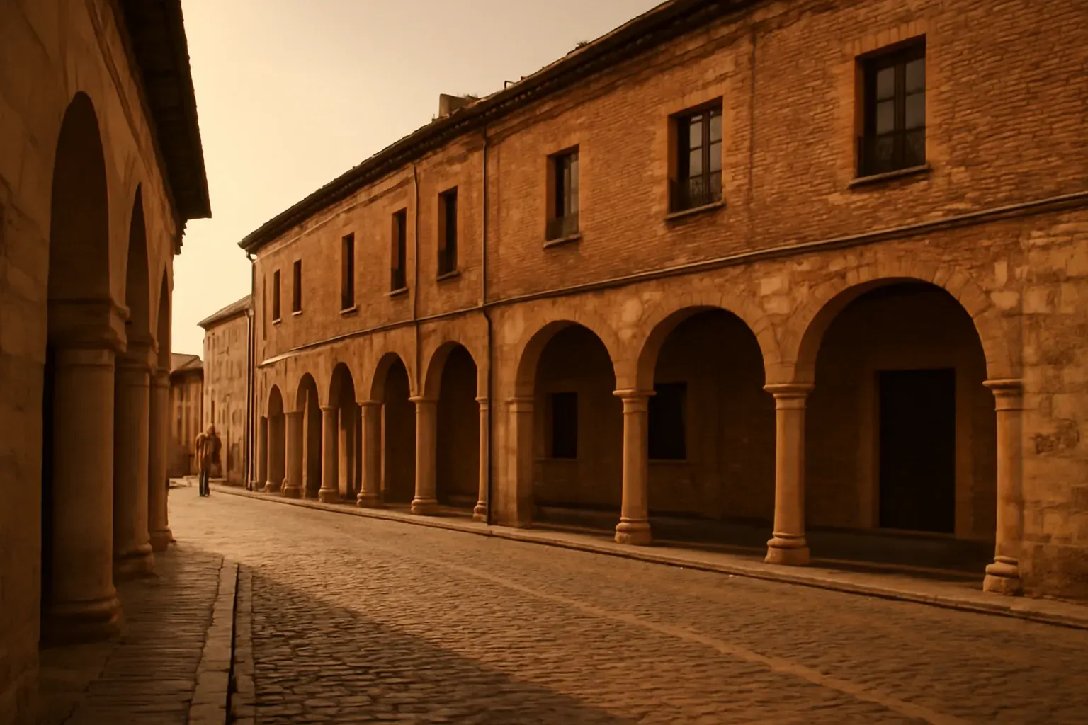 A historic street and stone arcade in Tordesillas, Castilla y León, in warm late-afternoon light.
